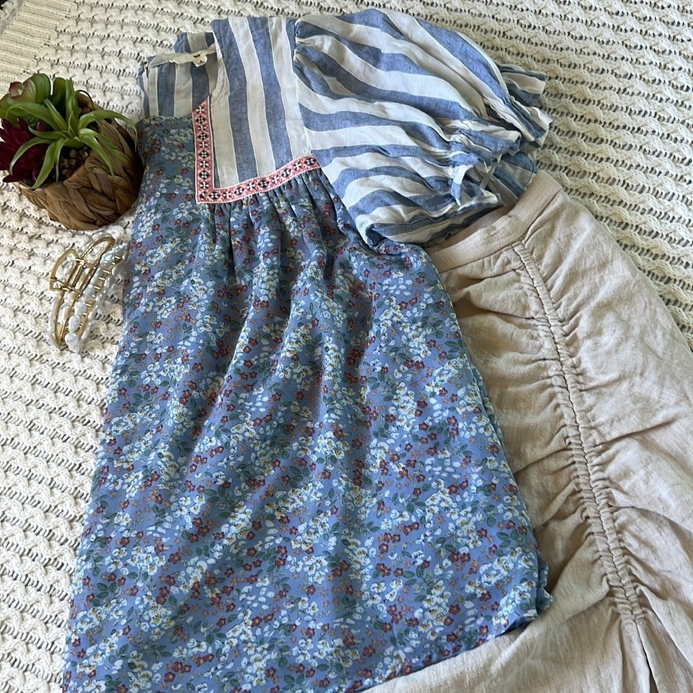 ENTRO Floral and Striped Blouse with Puffed Sleeves | S - Picture 10 of 10